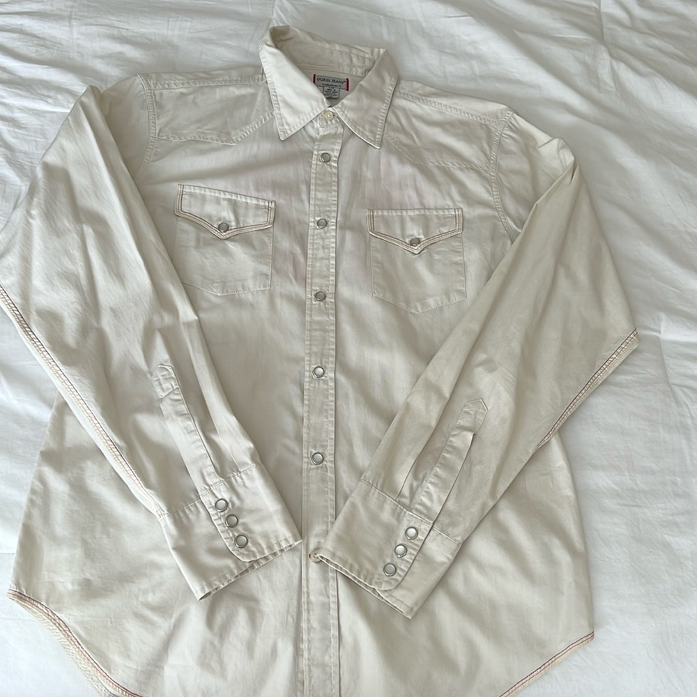 Guess Large Tan Button Down With Red Embroidered … - image 1